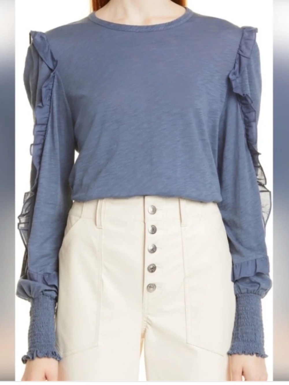Veronica Beard Osage Pima Cotton Ruffled Top in Slate Blue Small